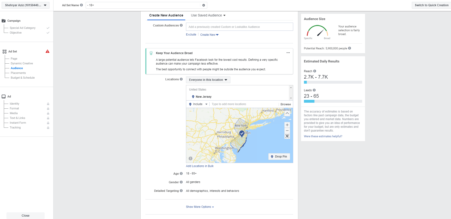 Setting up Facebook demographics, audience and interests
